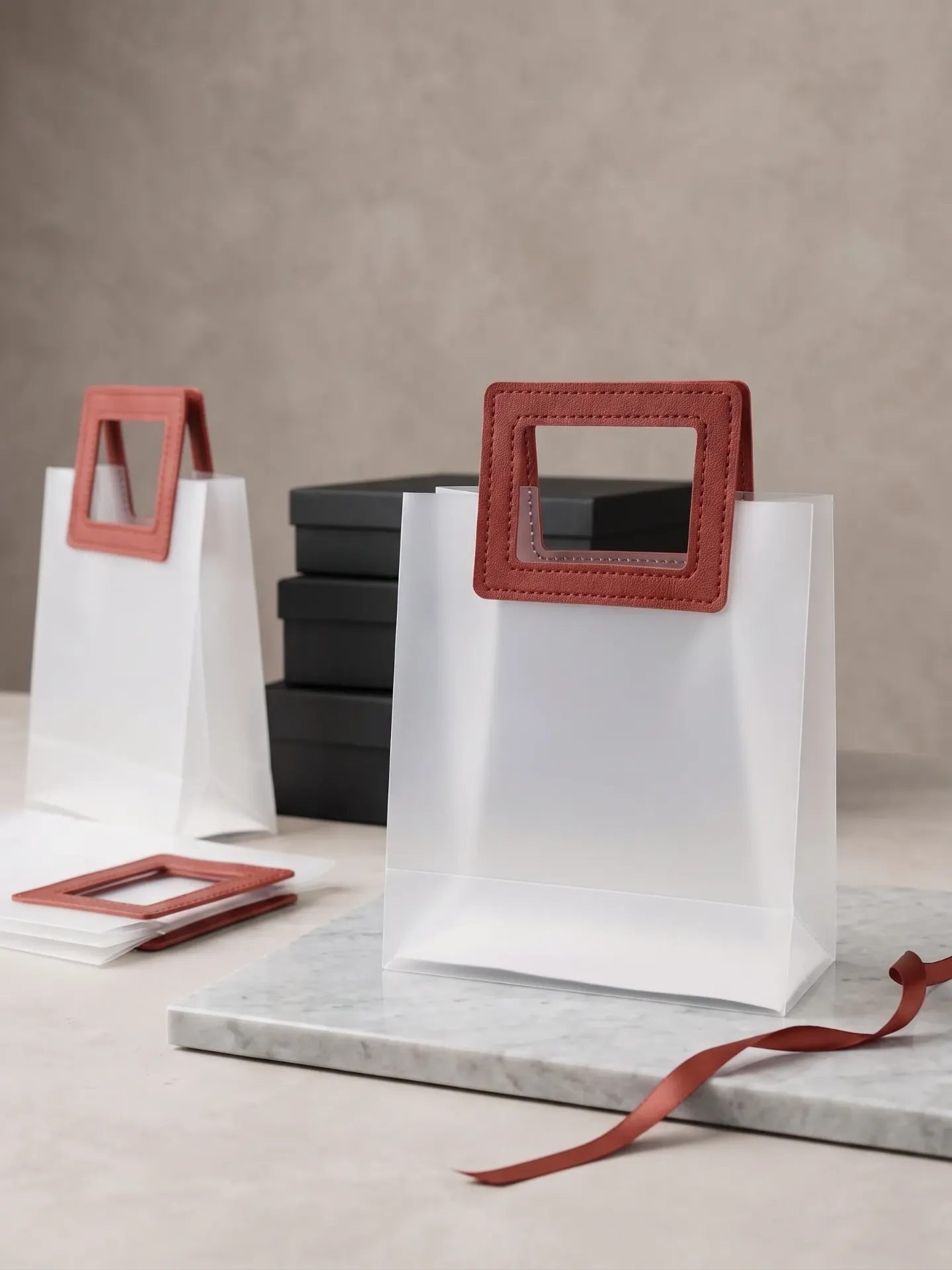 Plastic Leather Handle Bag Square (Small) (Red, 10 Pcs)