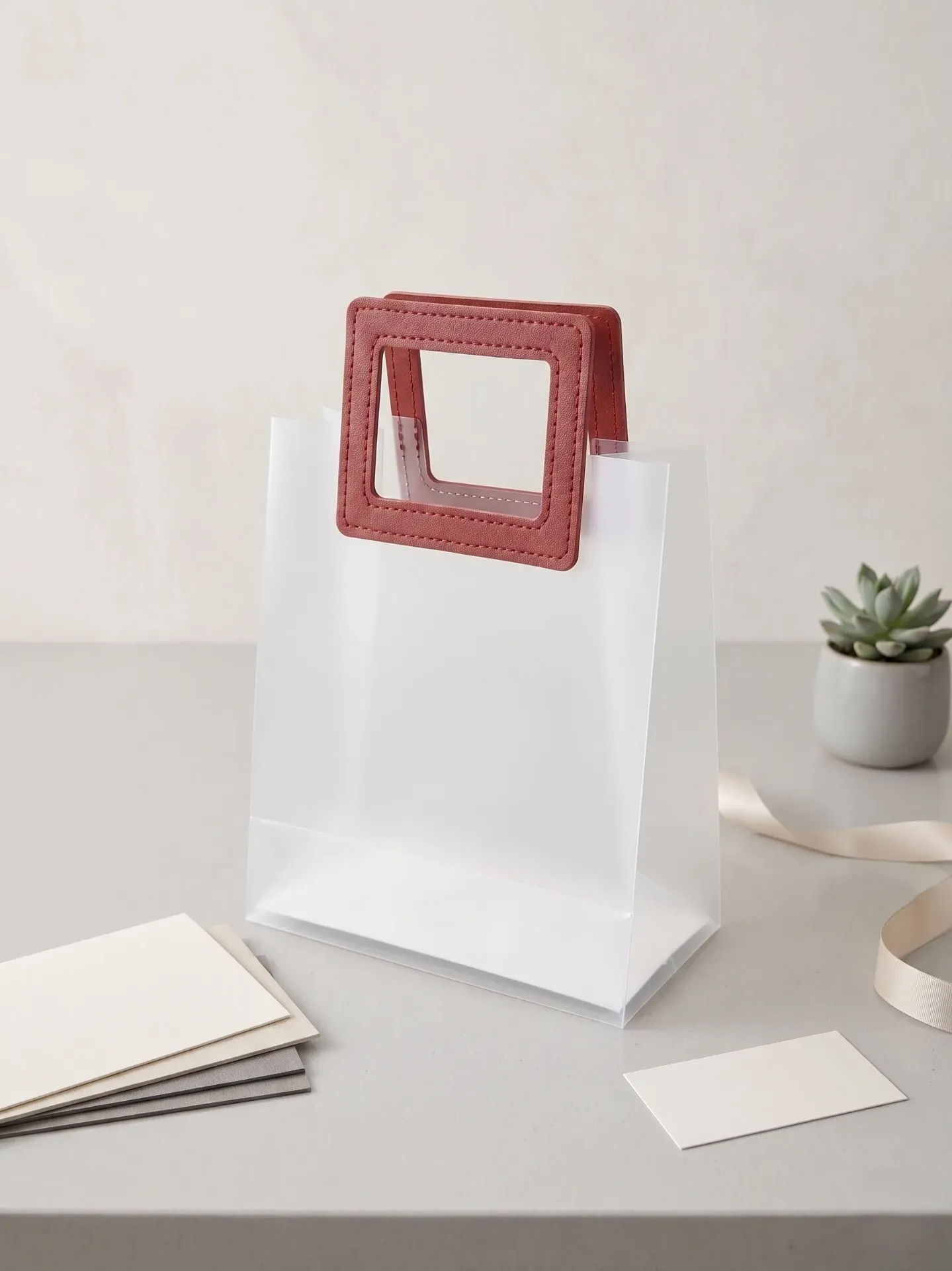 Plastic Leather Handle Bag Square (Medium) (Red, 10 Pcs)